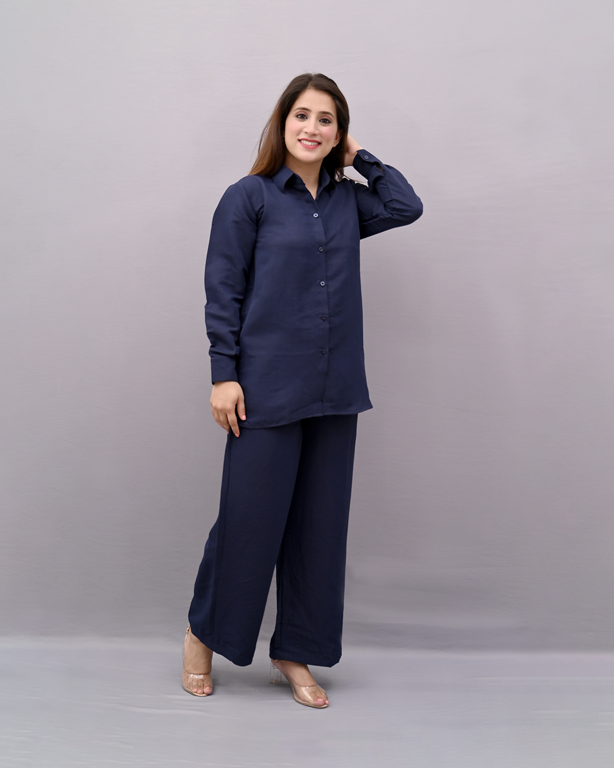Navy Blue Solid Co-ord Set | Women