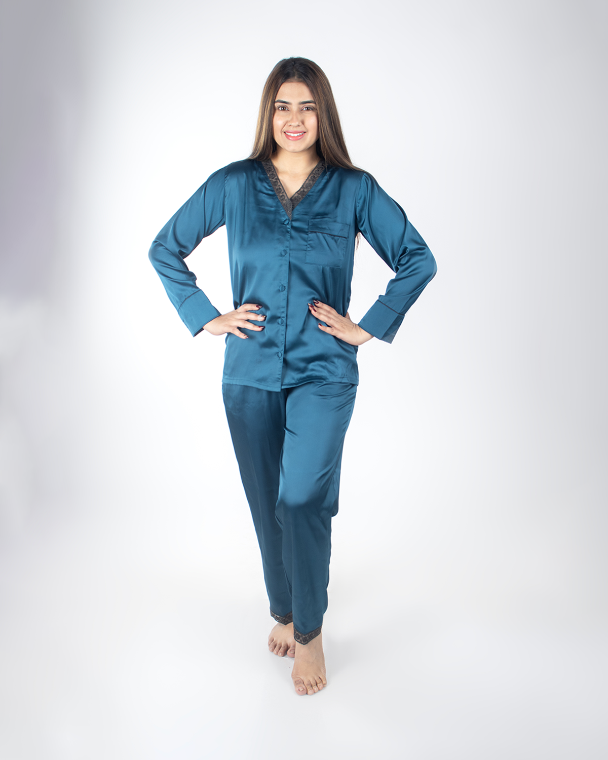 Premium Teal Satin Nightsuit Set | Women BabyAmour
