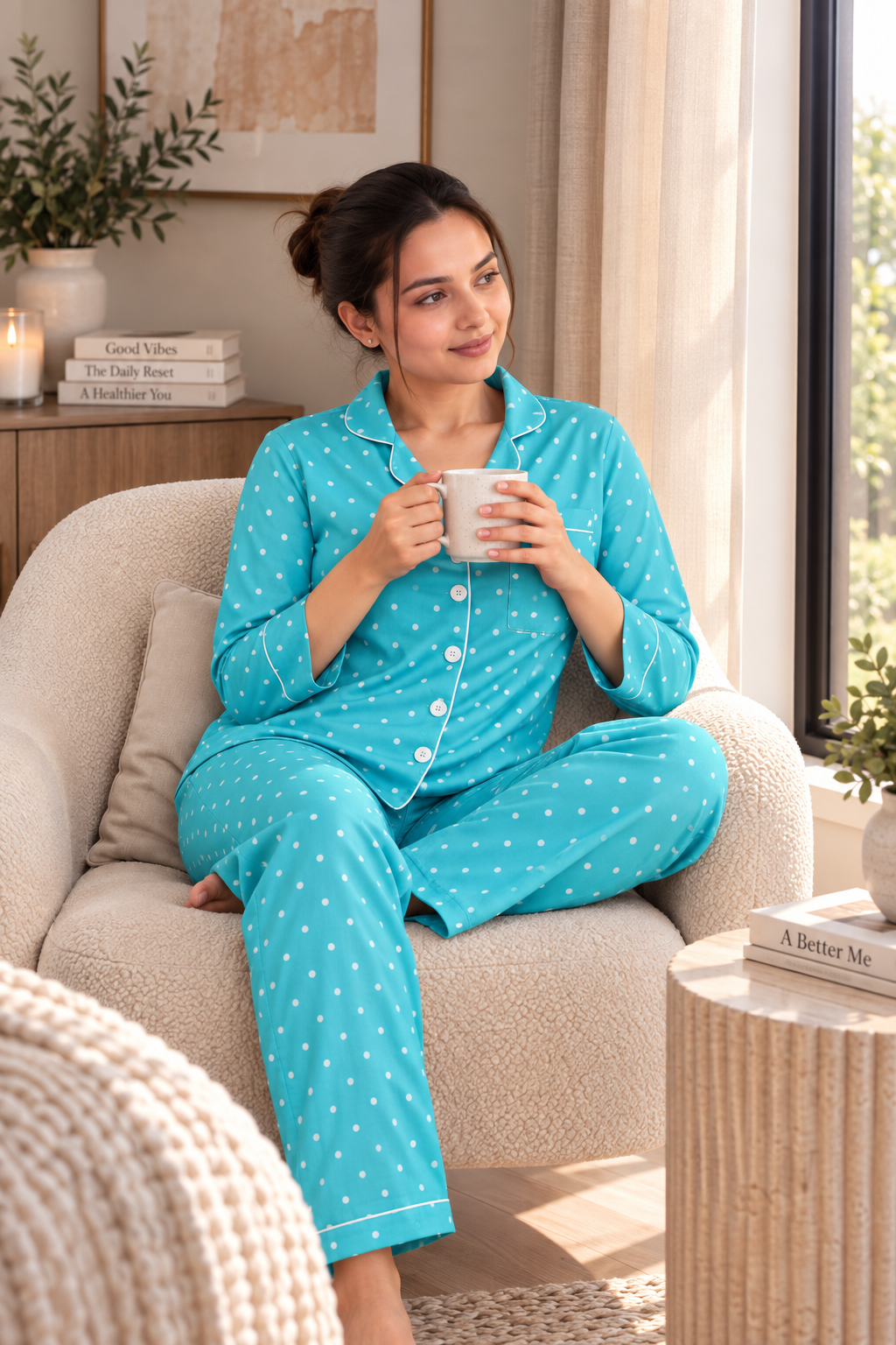 Green Polka Full Sleeves Nightsuit Set | Women