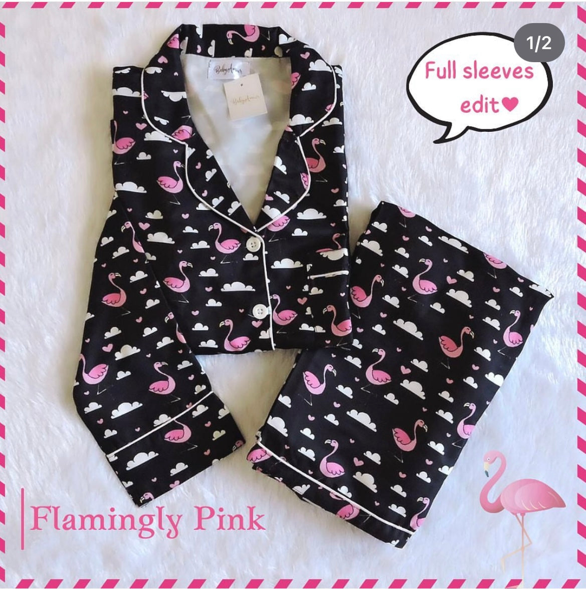 Flamingly Pink Full Sleeves Nightsuit Set| Women BabyAmour