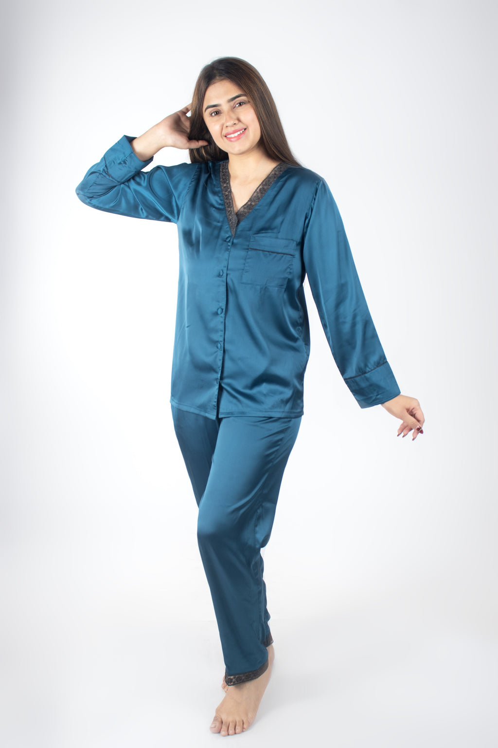Premium Teal Satin Nightsuit Set | Women BabyAmour