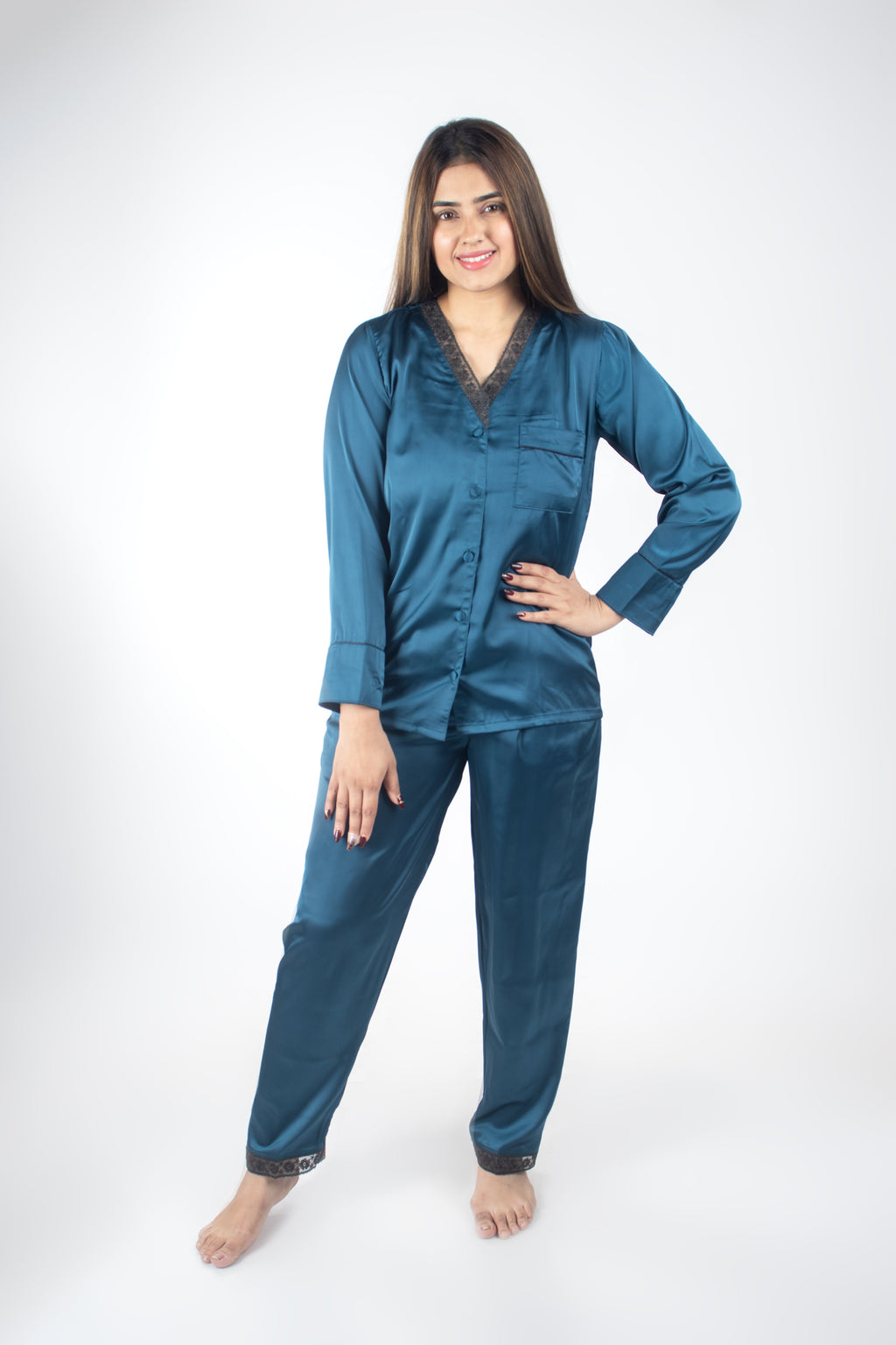 Premium Teal Satin Nightsuit Set | Women BabyAmour