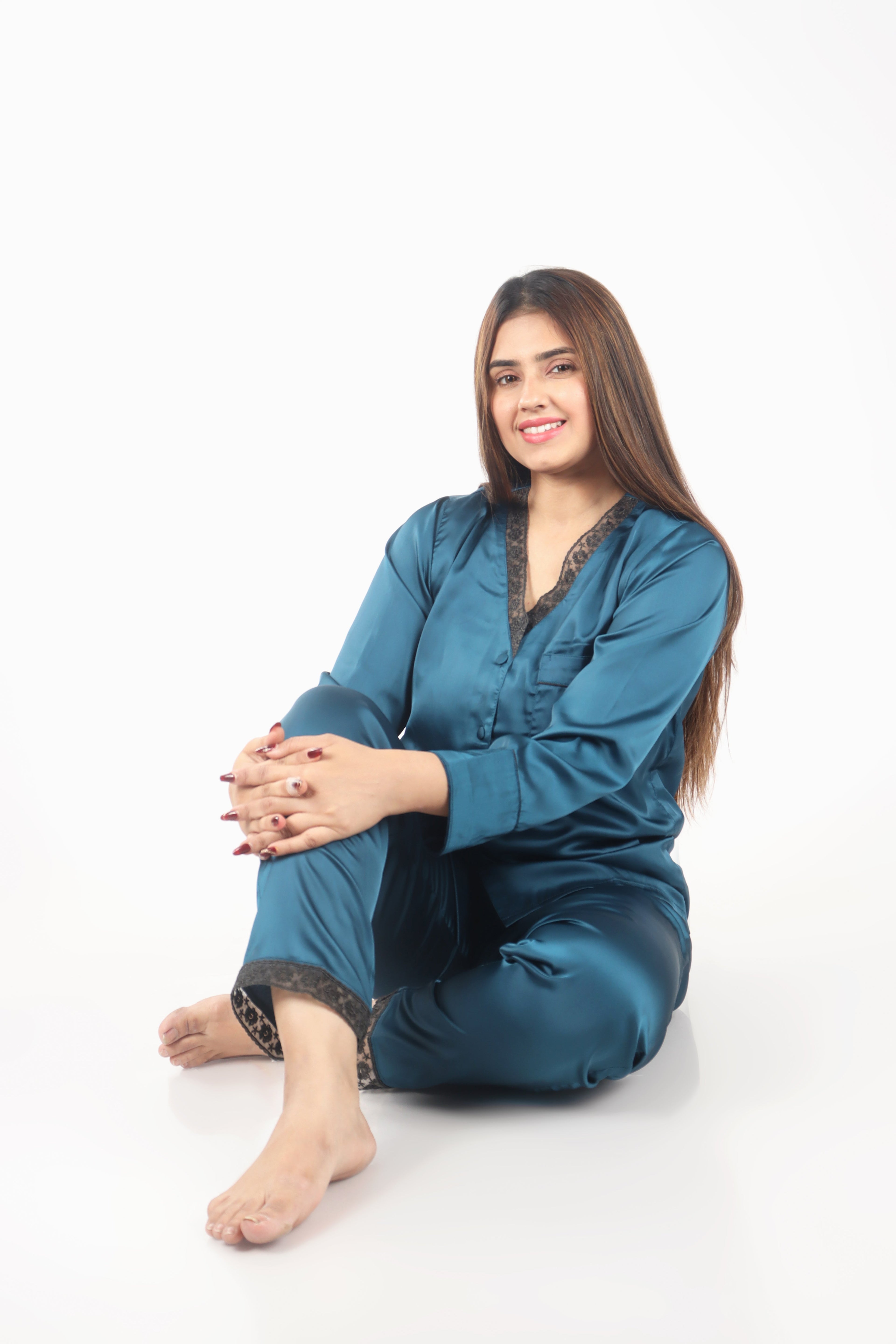 Premium Teal Satin Nightsuit Set | Women BabyAmour