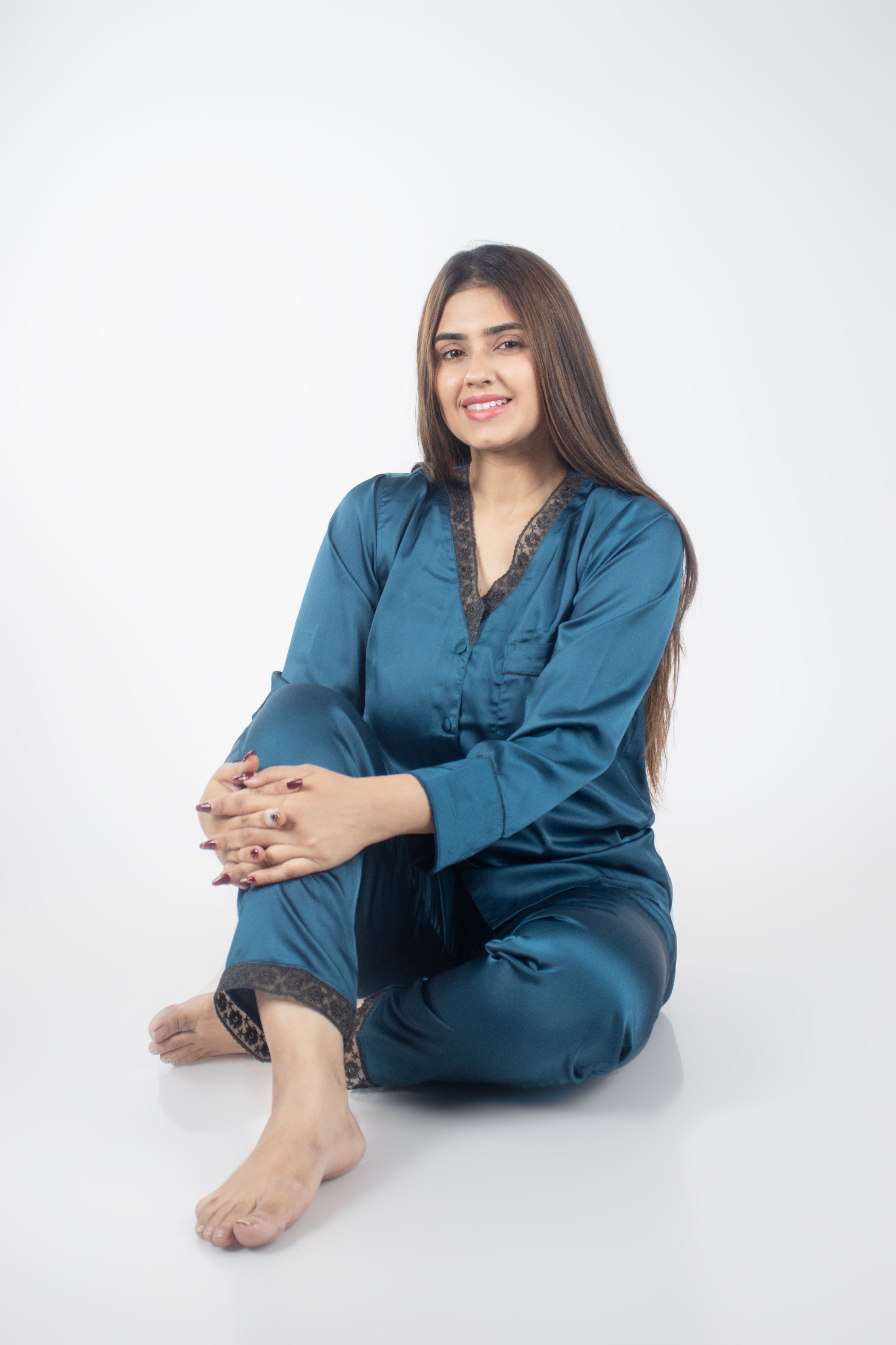 Premium Teal Satin Nightsuit Set | Women BabyAmour