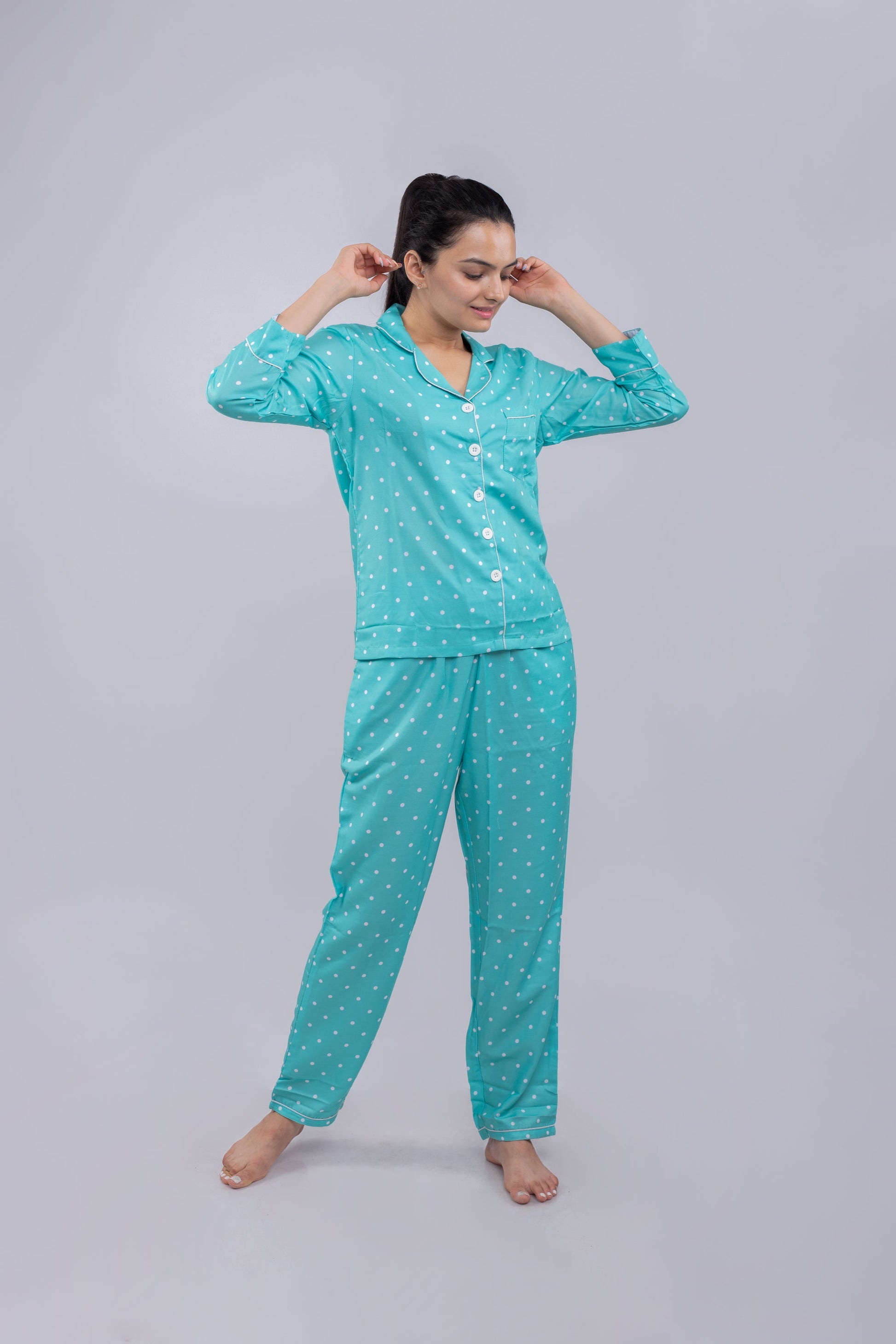 Green Polka Full Sleeves Nightsuit Set | Women My Store