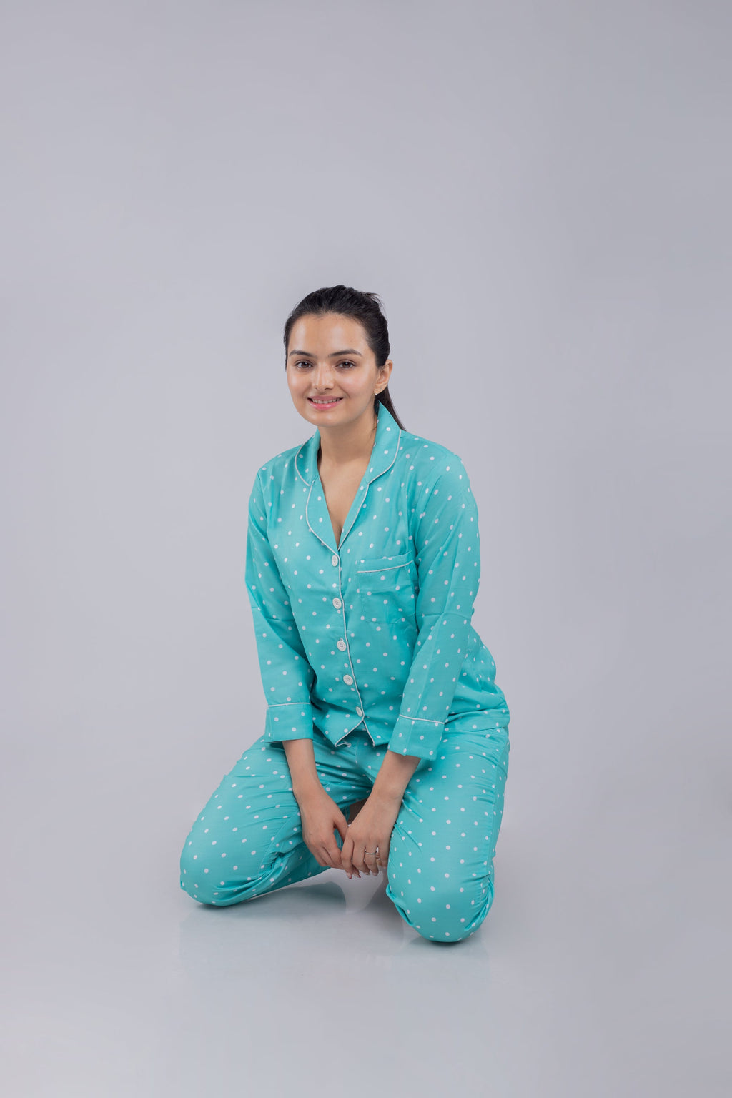 Green Polka Full Sleeves Nightsuit Set | Women My Store