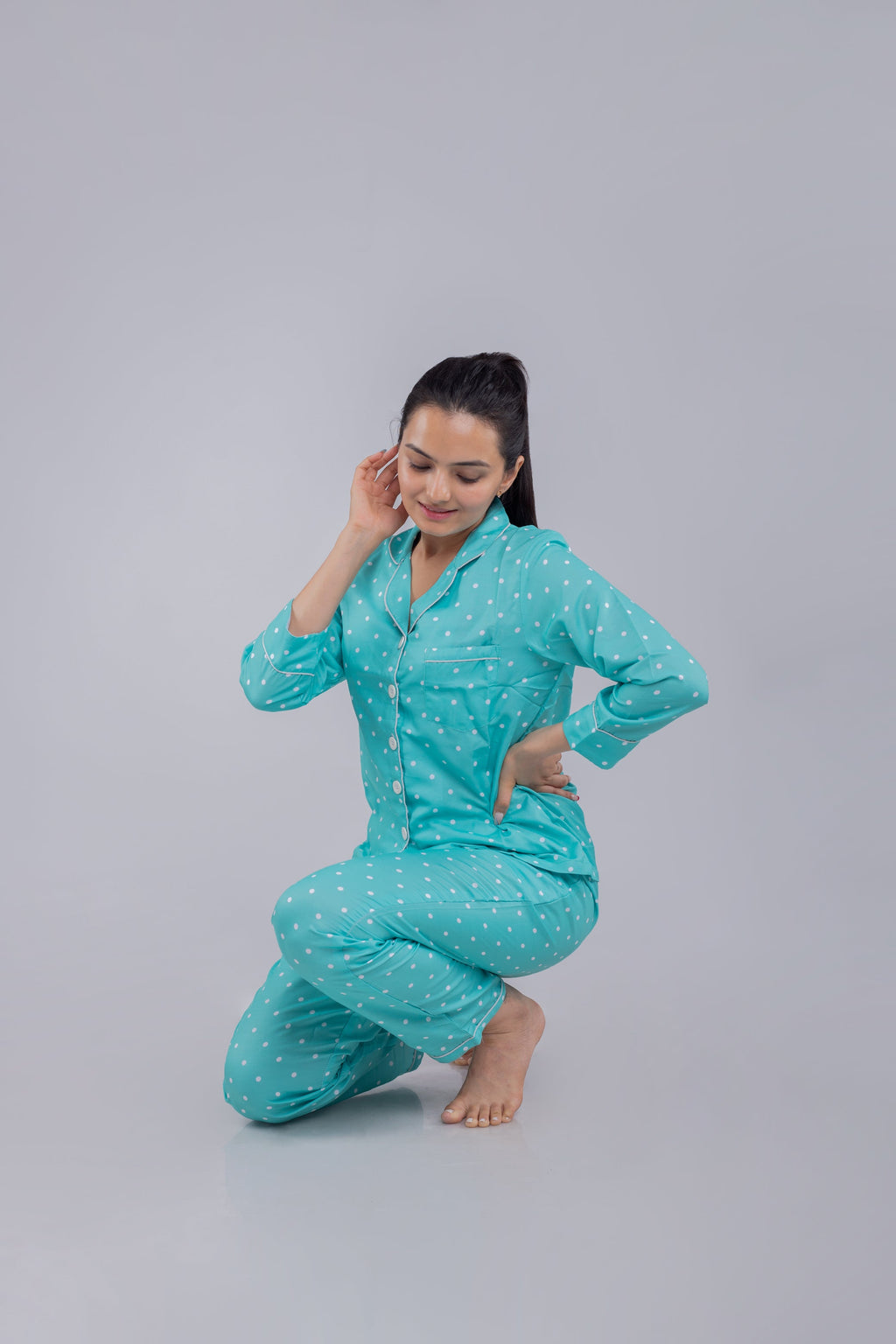 Green Polka Full Sleeves Nightsuit Set | Women My Store