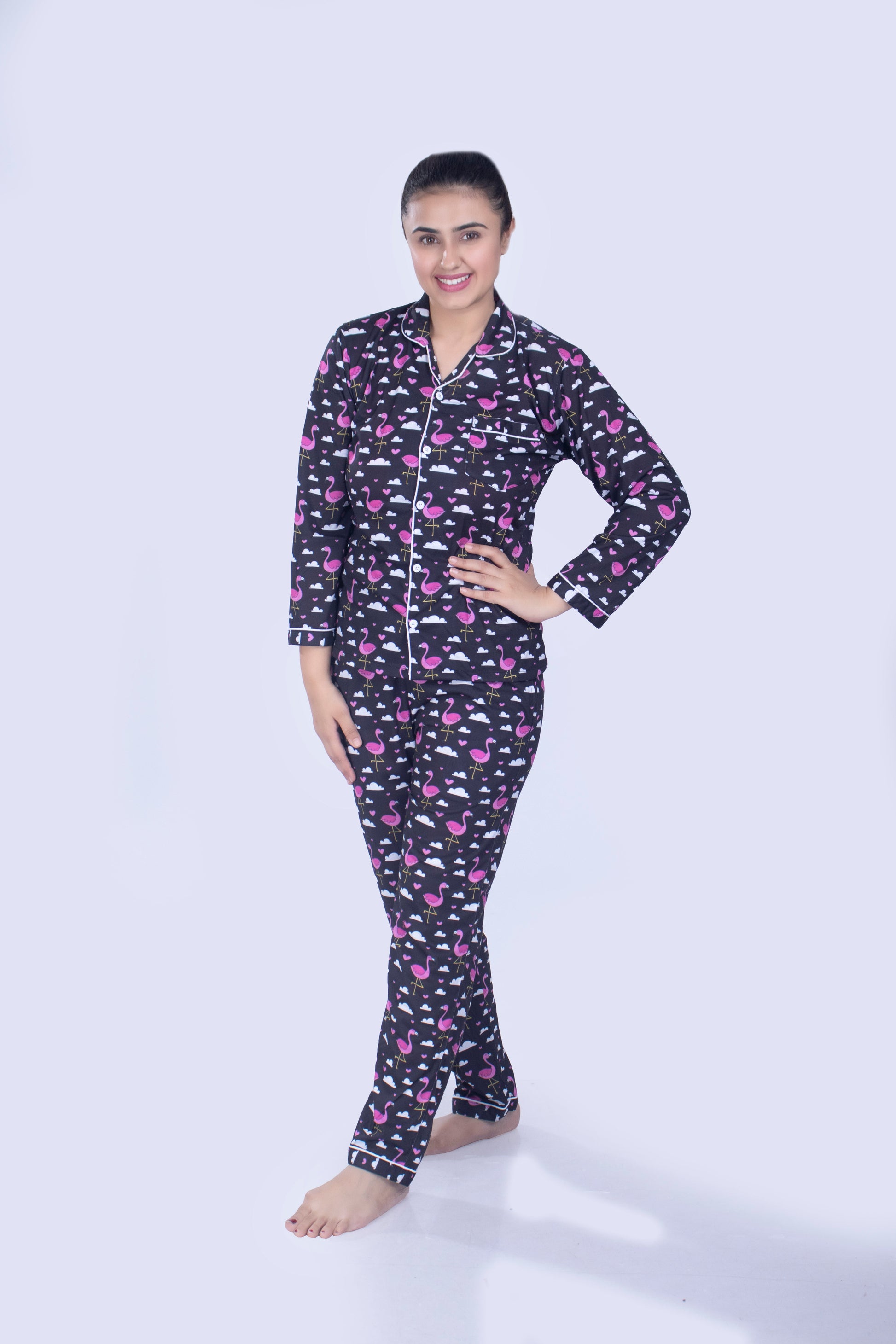 Flamingly Pink Full Sleeves Nightsuit Set| Women BabyAmour