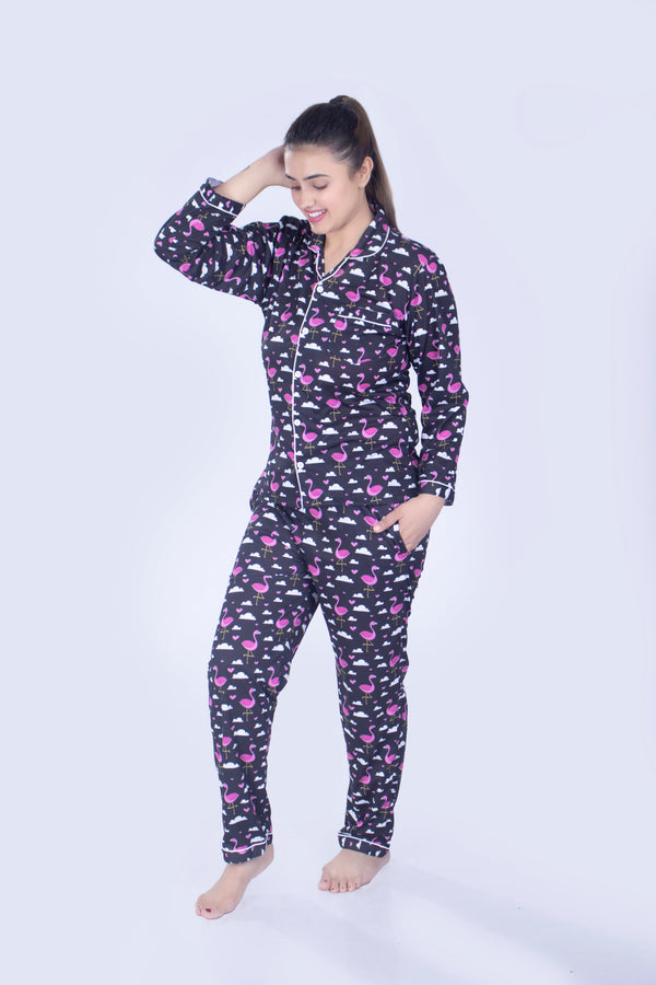 Flamingly Pink Full Sleeves Nightsuit Set| Women BabyAmour