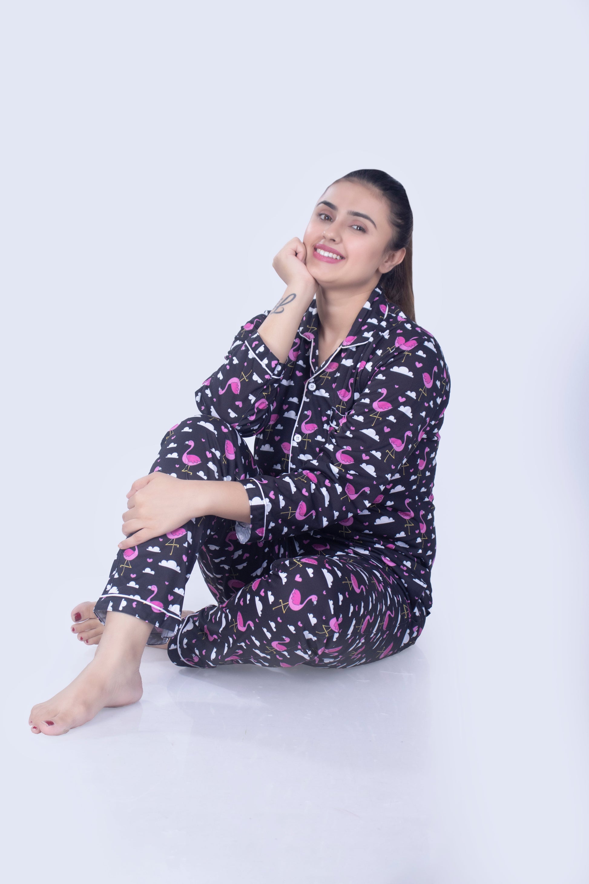 Flamingly Pink Full Sleeves Nightsuit Set| Women BabyAmour